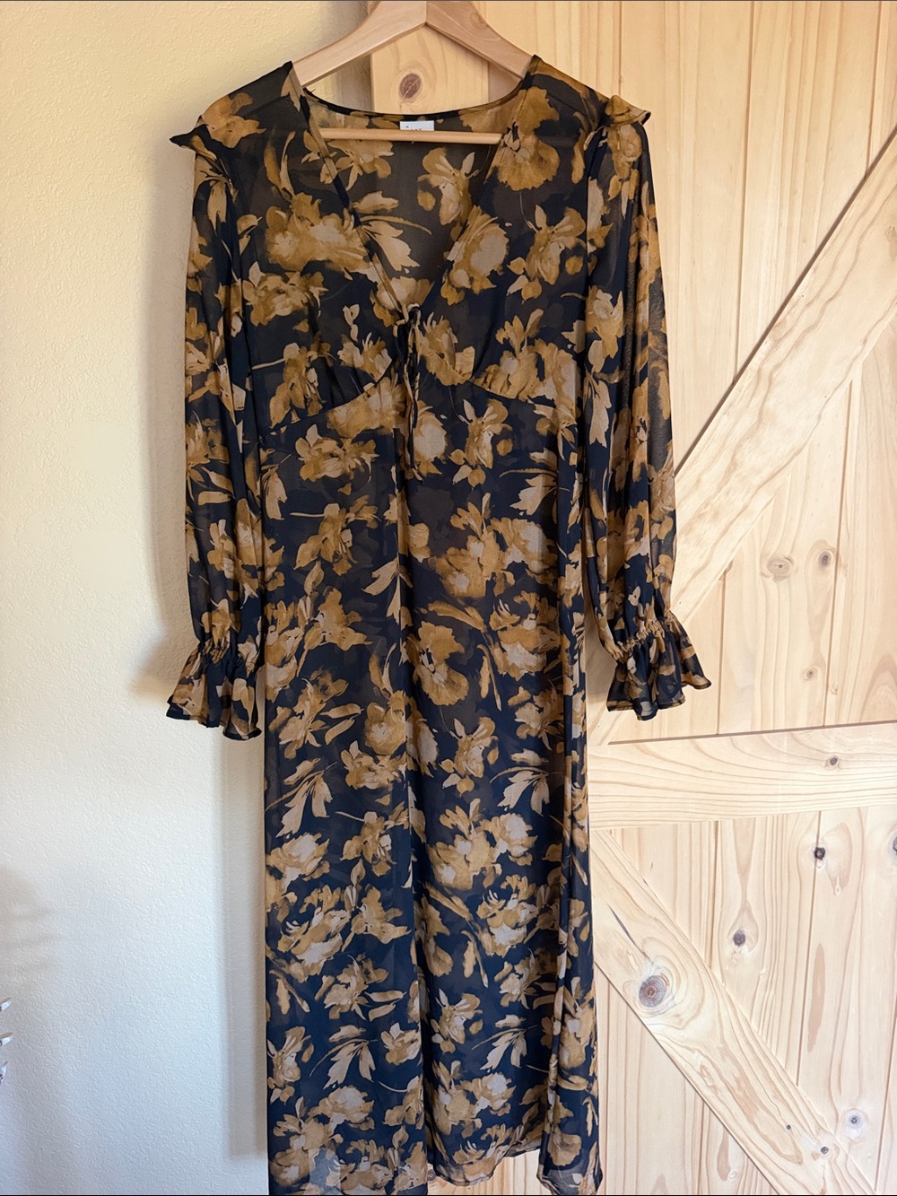 a new day Black Long Sleeve Floral Midi Dress with Mustard Print